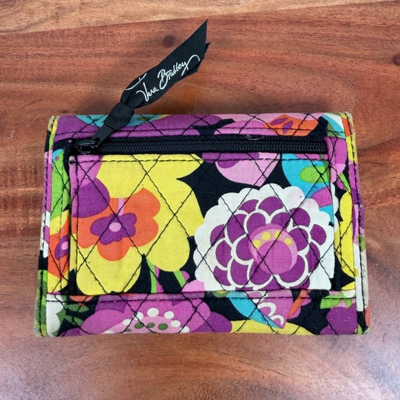 Vera Bradley Wallet Tri Fold Floral Pattern Pink Purple Yellow Black - Picture 2 of 5
